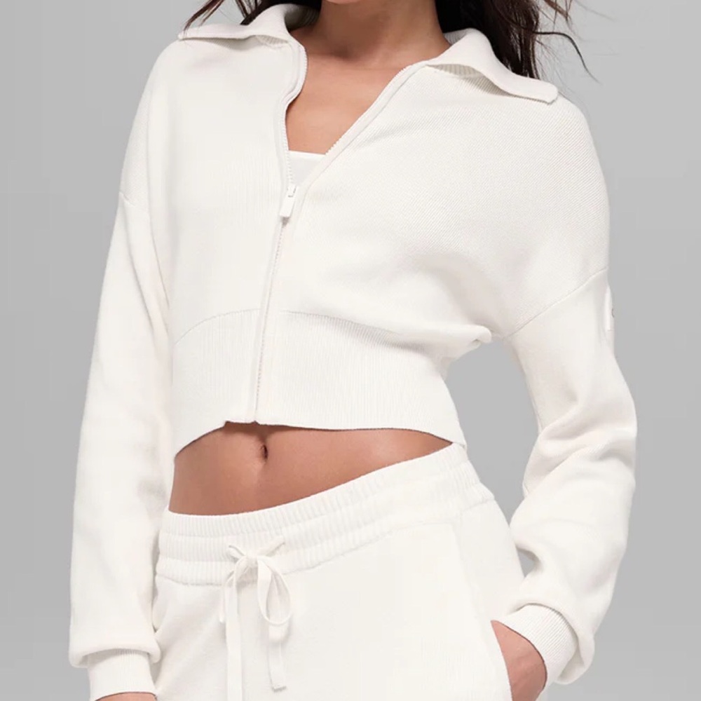 Alo Yoga Scholar Knit Cropped Full Zip Jacket Ivory S